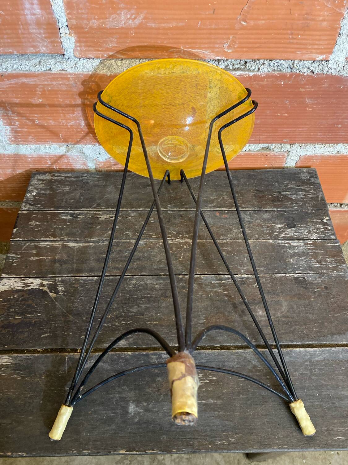 Antique Tripod Side Table Black Metal & Yellow Glass Bowl Years