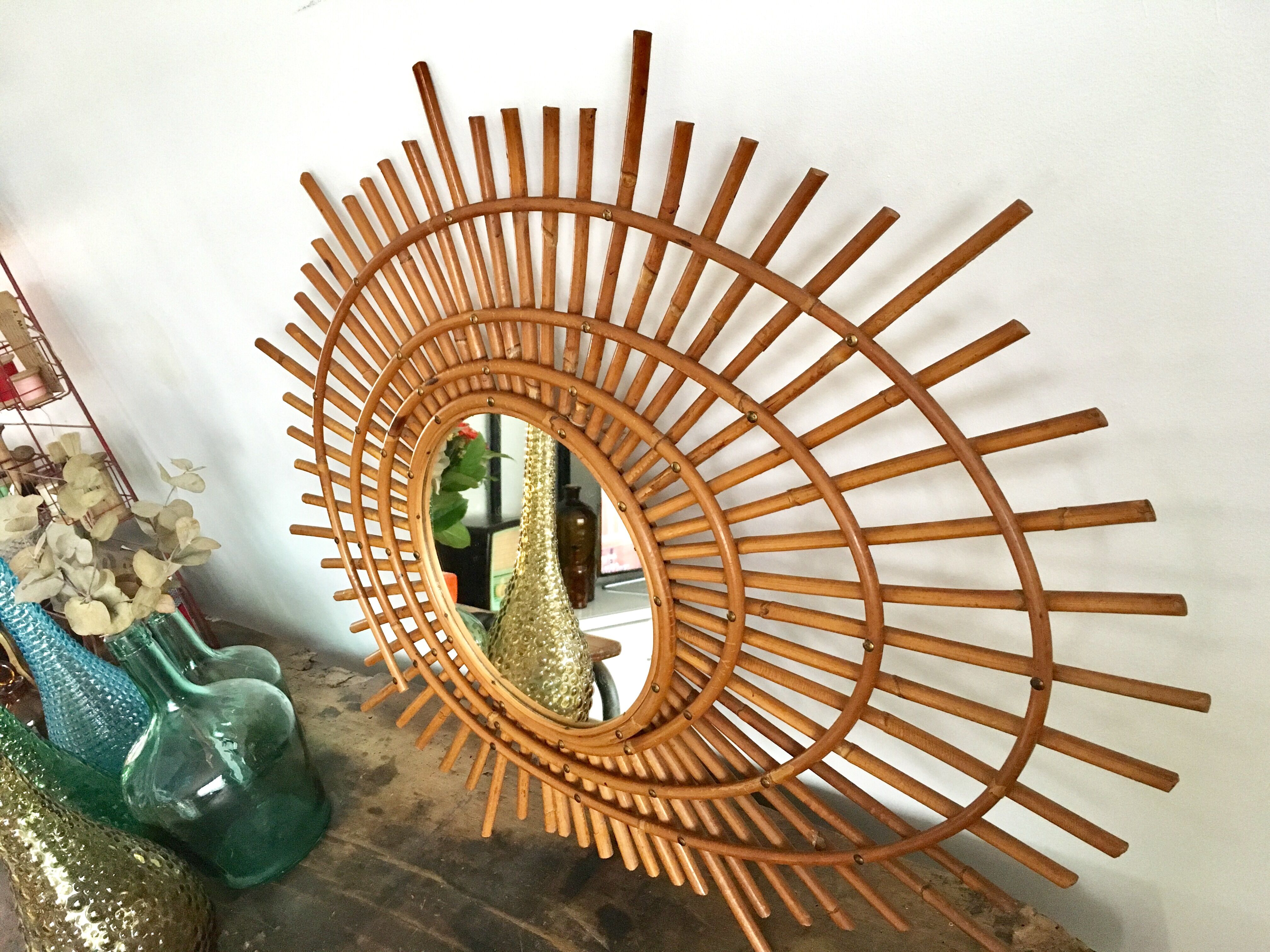 Sun mirror in rattan made in 1960