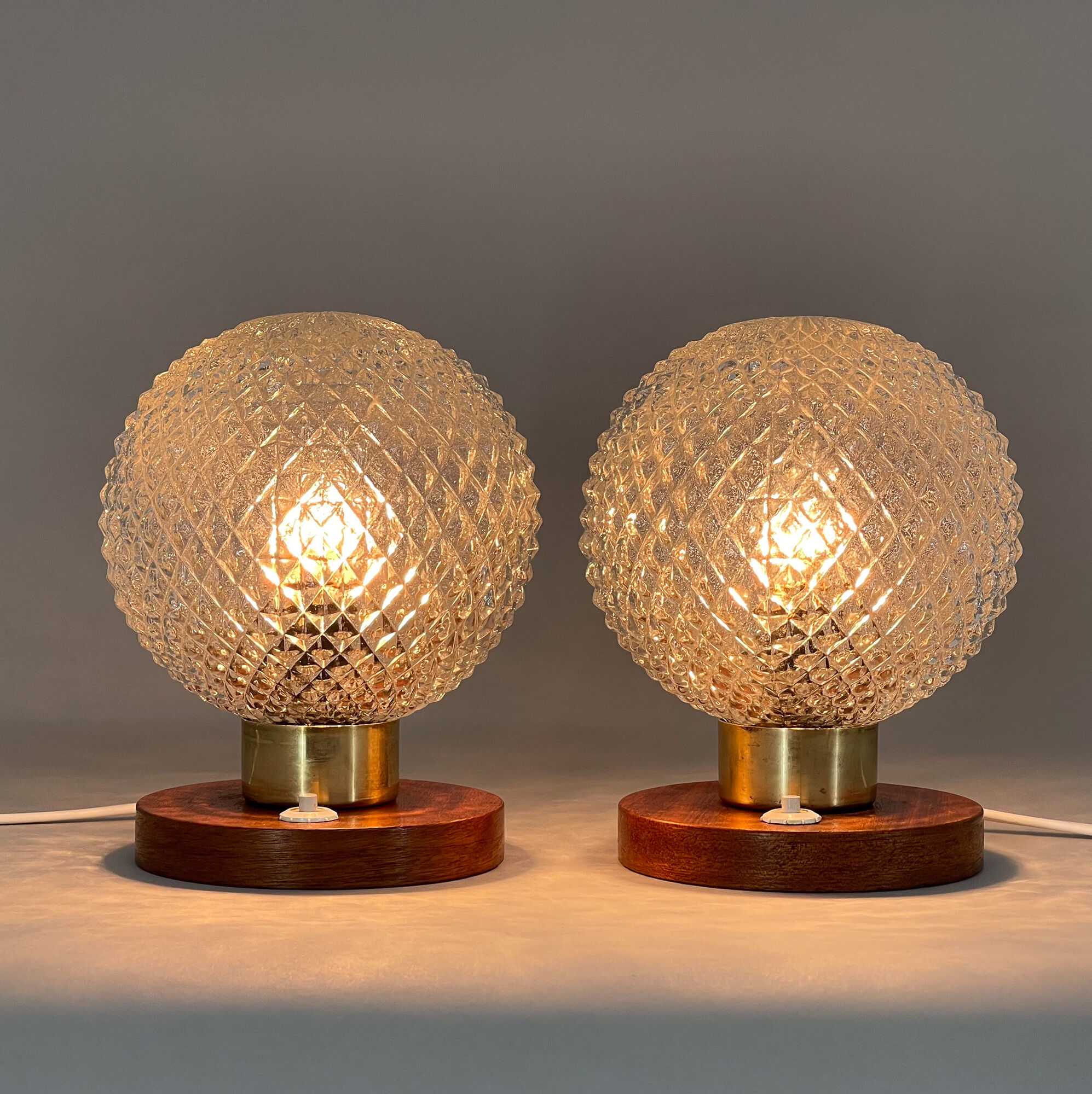 Pair of Midcentury Wood & Glass Table Lamps, 1970s