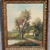 Henri catrou xixeme : huile sur toile paysage lacustre époque napoléon iii