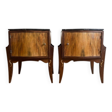 Pair of Art Deco bedside tables in wood and black marble