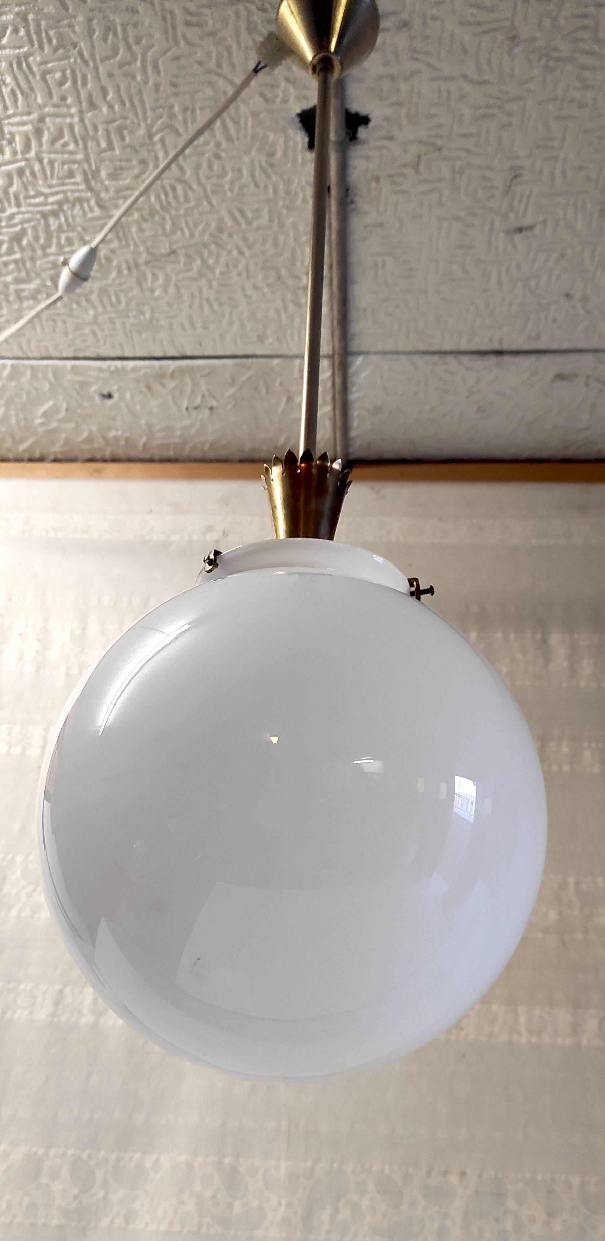 25 cm opaline globe and brass pendant light - 1940s/1950s