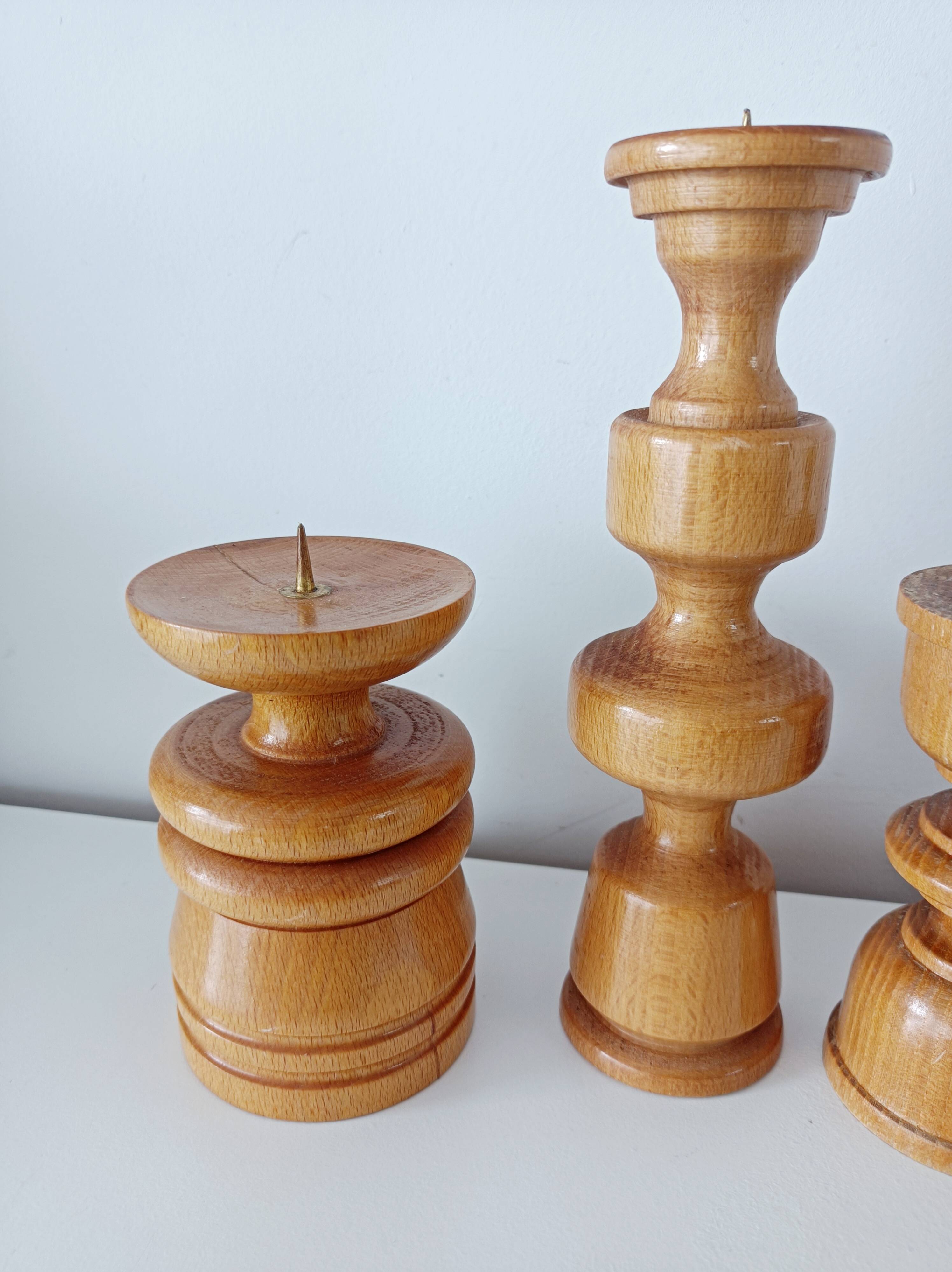 Set of 4 Scandinavian turned wooden candle holders