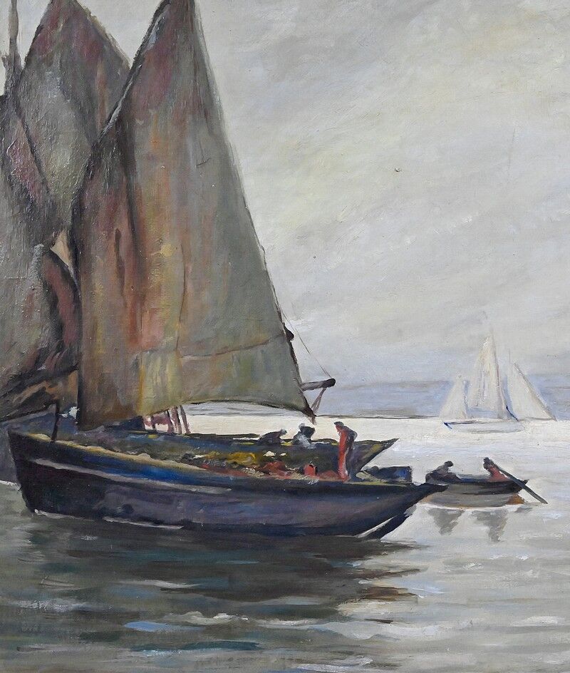 Painting "Sailboats on Calm Sea", oil on canvas, signed C. Bustad – 1928