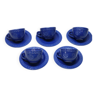 Souleiado coffee service 5 cups and 5 saucers blue
