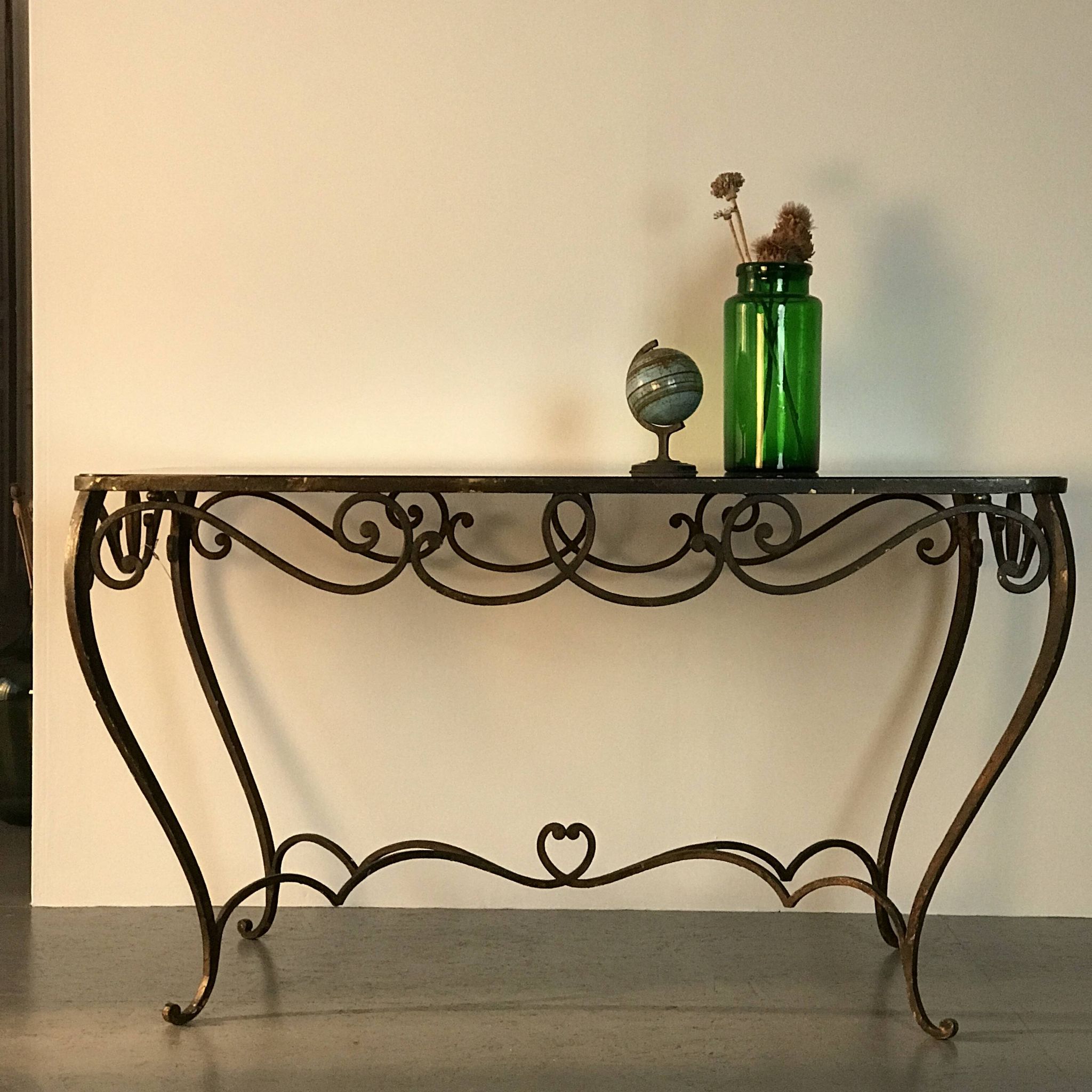 Table à manger Art Déco en fer forgé avec verre noir, années 1930