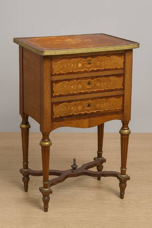 Commode de dame à toilette dissimulée, richement décorée d’une marqueterie florale