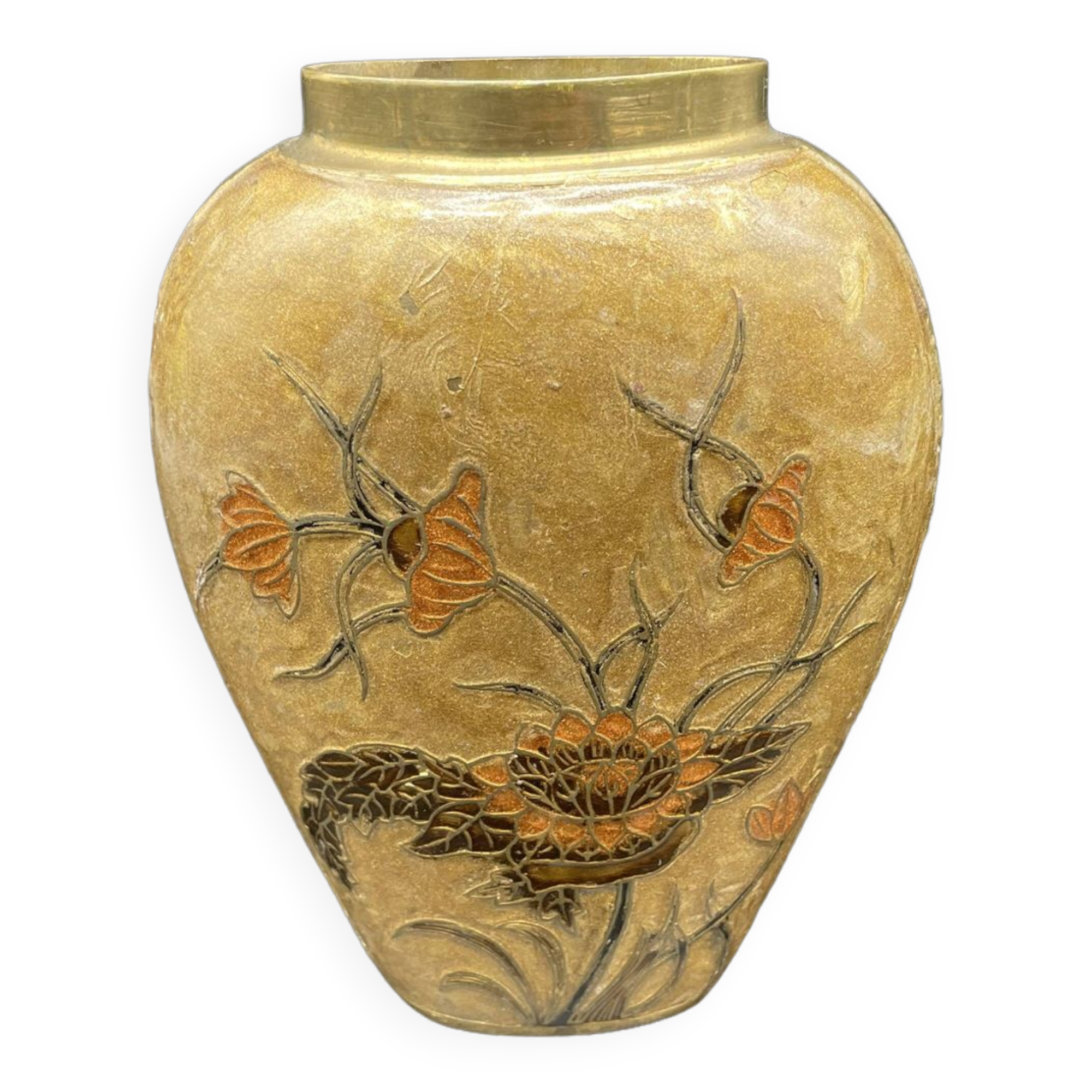 Vase, oblong shape, solid brass, bronze color, cloisonné enamel, floral decoration, flower, orange