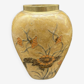 Vase, forme oblong, laiton massif, couleur bronze, émail cloisonné, décor floral, fleur, orange