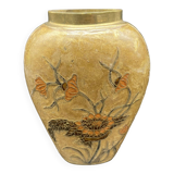 Vase, oblong shape, solid brass, bronze color, cloisonné enamel, floral decoration, flower, orange