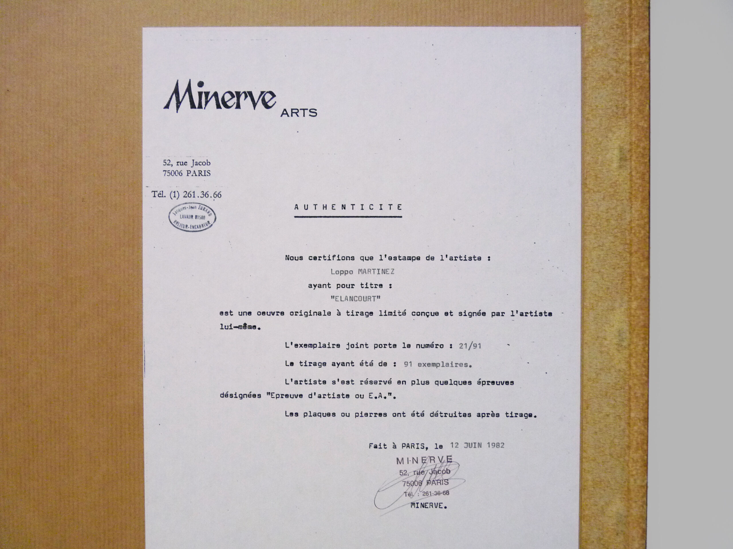 Original lithograph by Loppo Martinez " Elancourt " artist's proof. 21/91. 1982