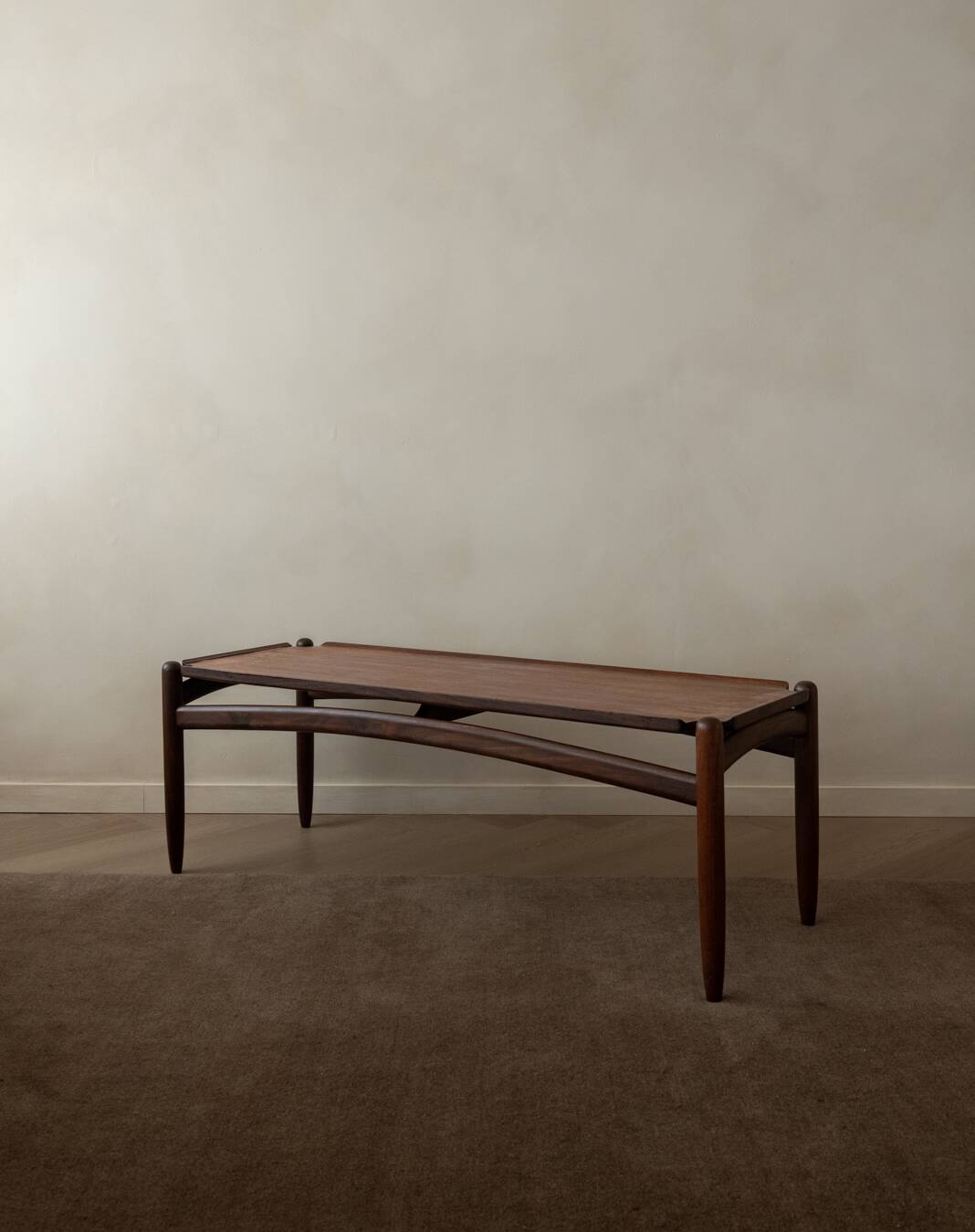 Vintage Teak Coffee Table, Mid Century Modern, Sculptural Arched Stretchers