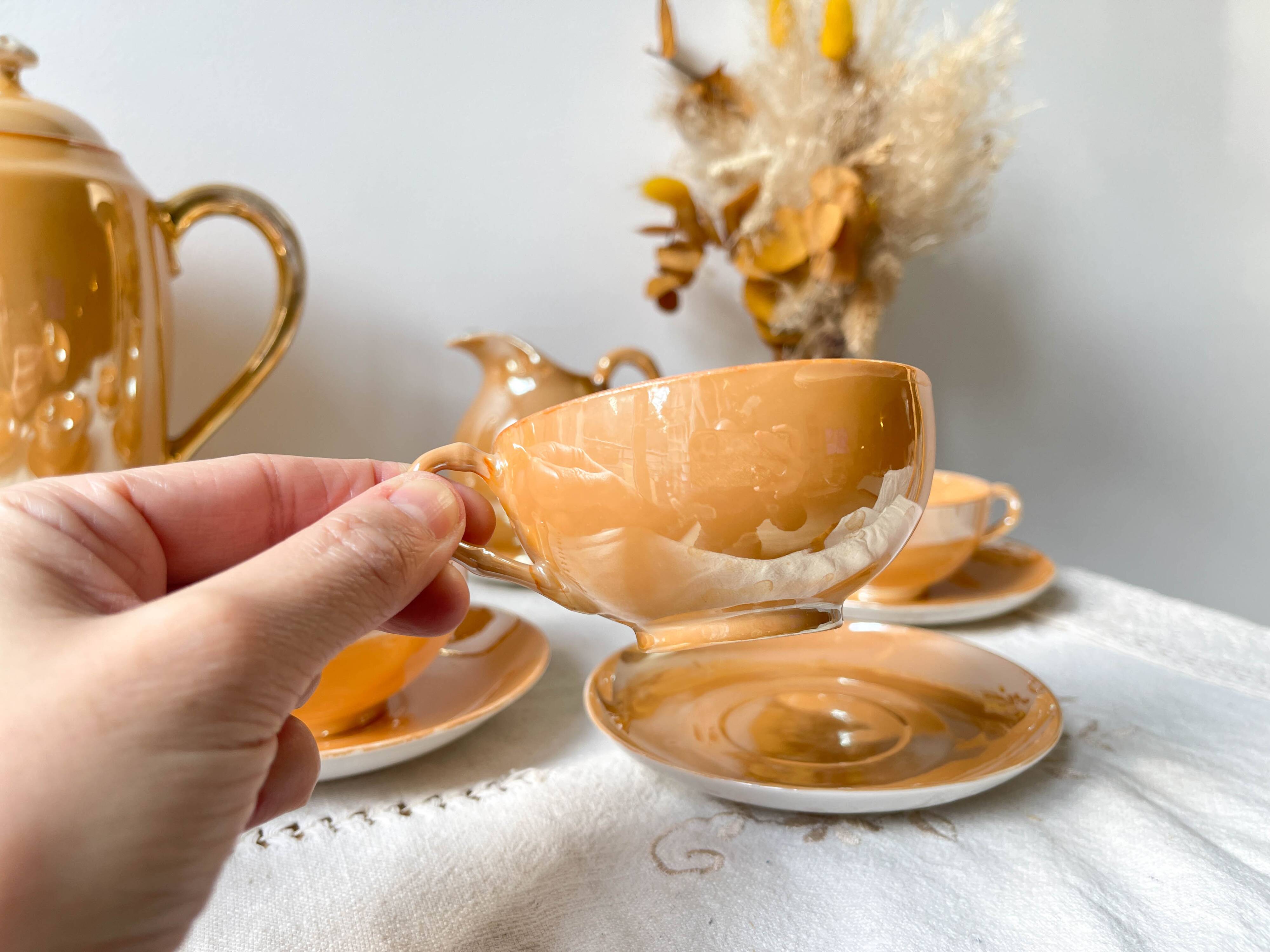 Vintage Czecho-Slovakia Victoria China Iridescent Peach Lustre Tea Set 1950s