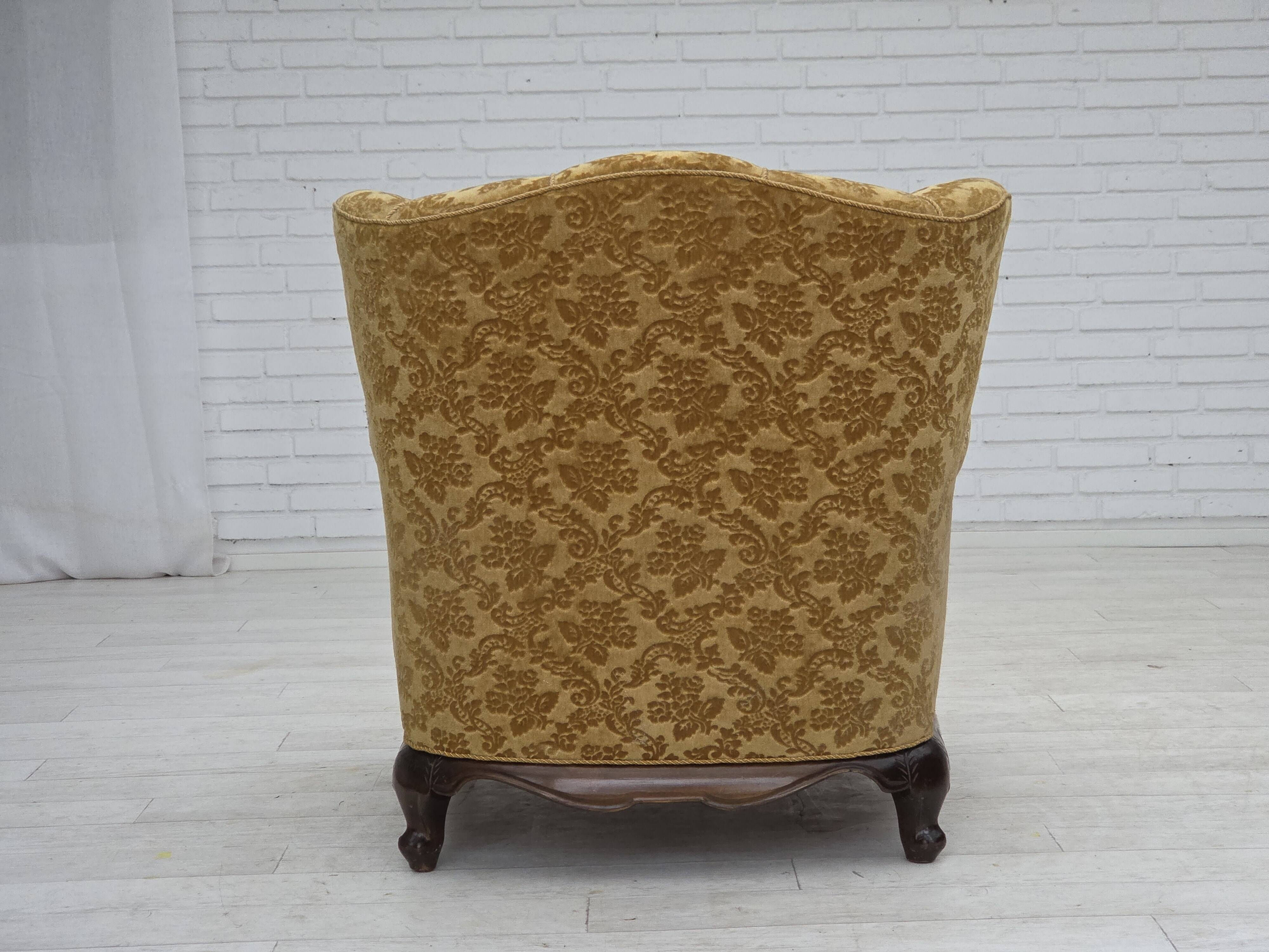 1950s, Danish relax armchair, furniture velour, carved oak wood.