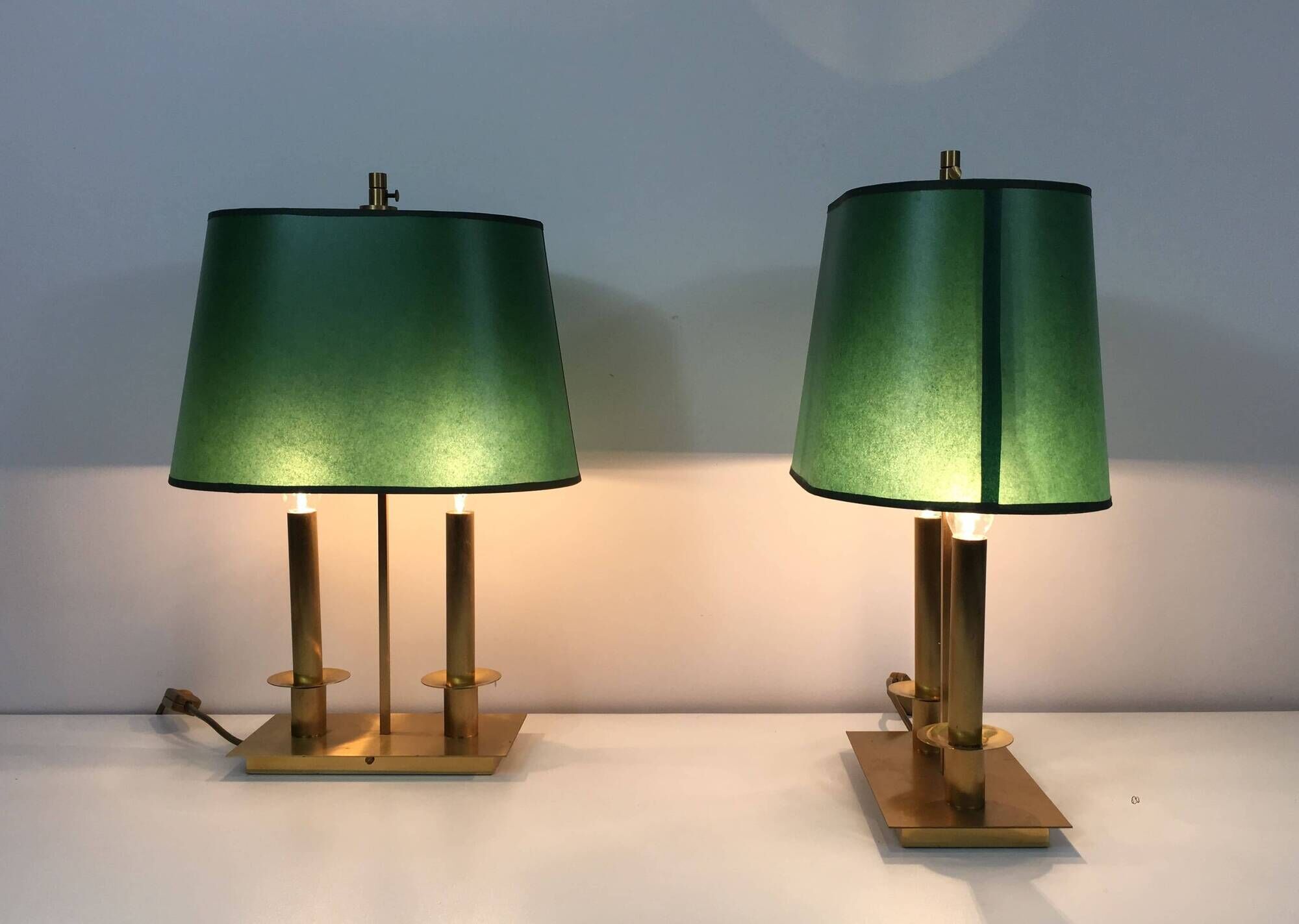 Pair of Two-Light Table Lamps in Brass with Green Shades. Work F