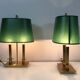Pair of Two-Light Table Lamps in Brass with Green Shades. Work F