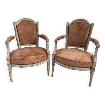 Pair of Louis XVI style armchairs in patinated beech, 19th century