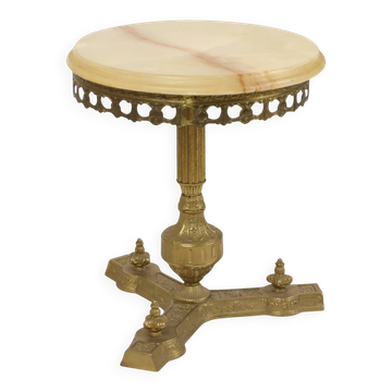Vintage Brass Side Table with Round Onyx Marble Top