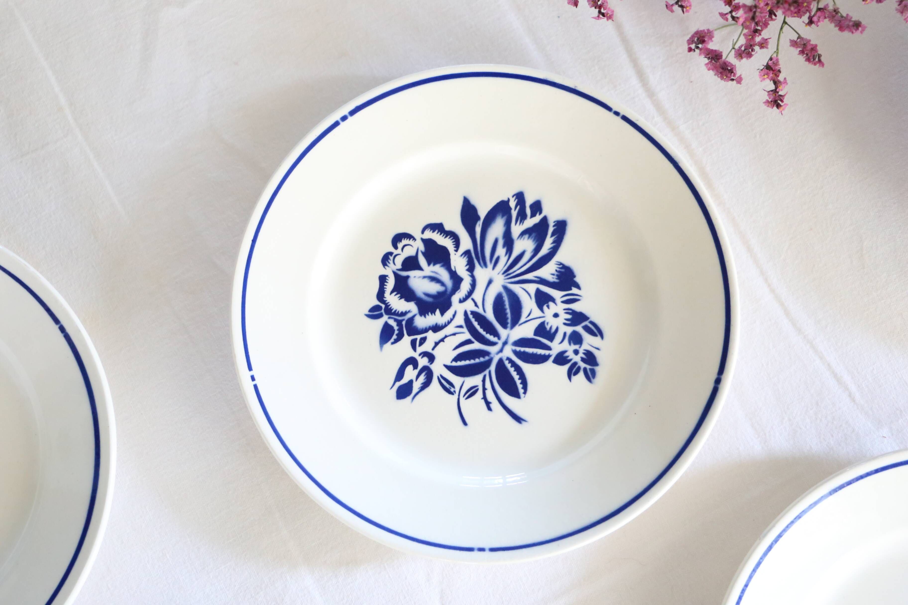 Set of 6 Badonviller flat plates, vintage French, authentic, rare, countryside