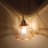 Amber tulip glass portable lamp, golden braided cord.