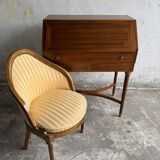 DeCoene antique wood writing desk with beige striped upholstered chair, brass-accented classic set