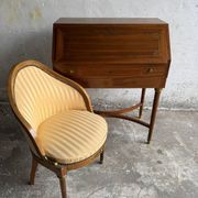 DeCoene antique wood writing desk with beige striped upholstered chair, brass-accented classic set