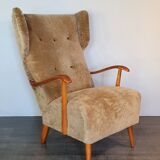Norwegian sheepskin wing armchair with ottoman 1950