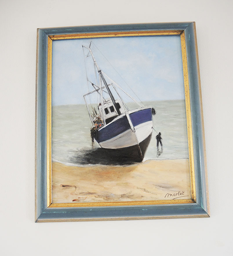 Oil on Wood Framed and Signed Henri Merlet : Blue Fishing Boat