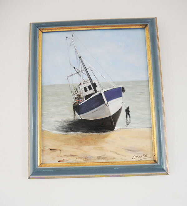 Huile sur bois encadrée et signée henri merlet : bateau de pêche bleu