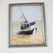 Oil on Wood Framed and Signed Henri Merlet : Blue Fishing Boat