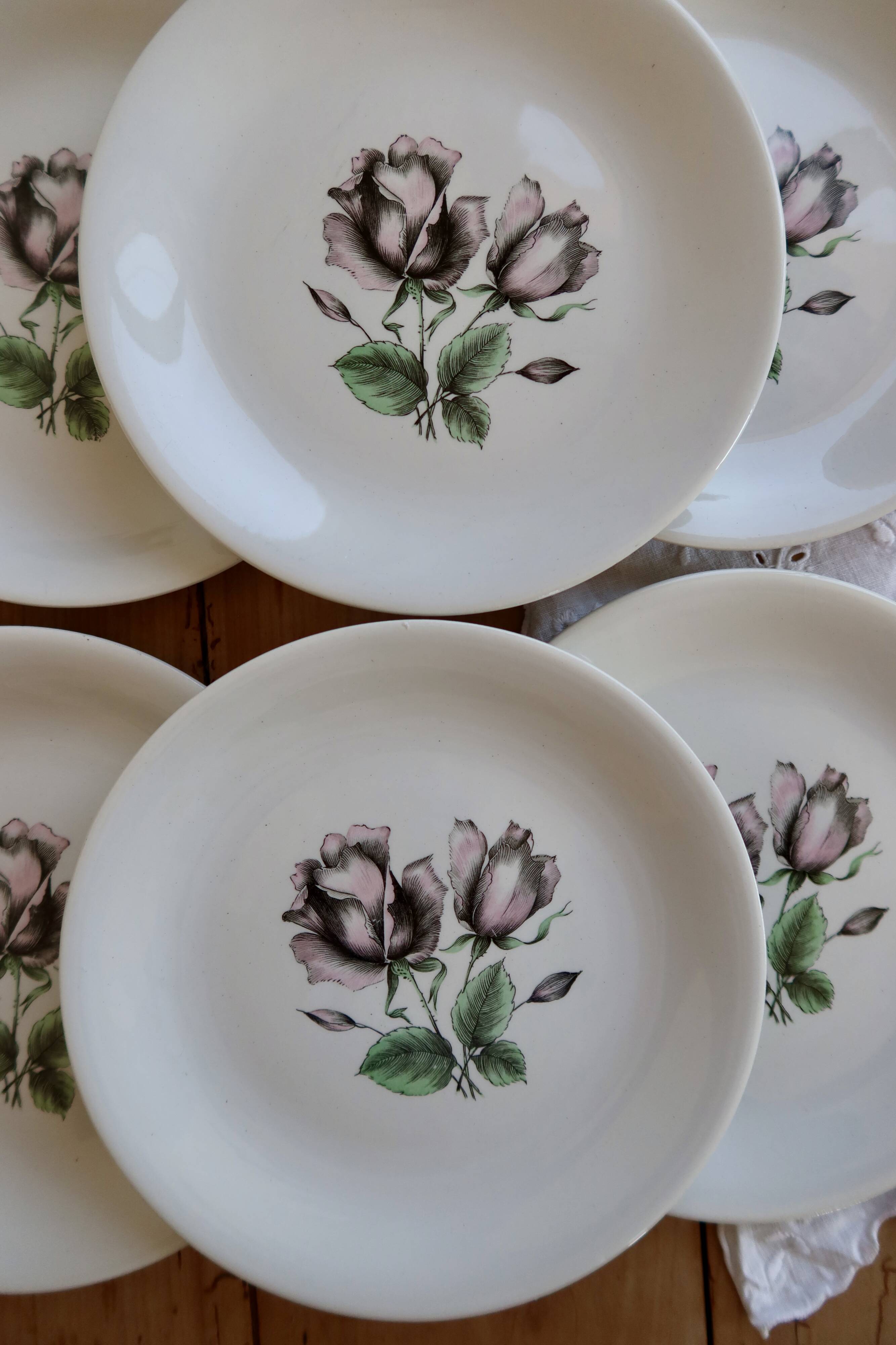 6 vintage porcelain dessert plates Moulins des Loups rose pattern