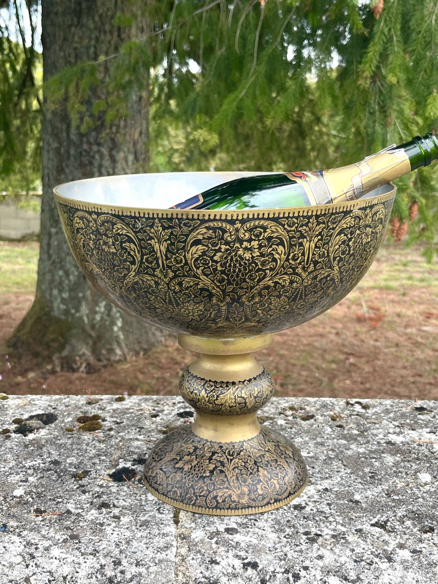 Ornate Floral Pedestal Champagne Cooler, brass ice bucket
