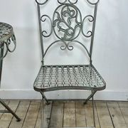 Salon de Jardin en fer forgé pliable vert patiné 1 table + 2 Chaises