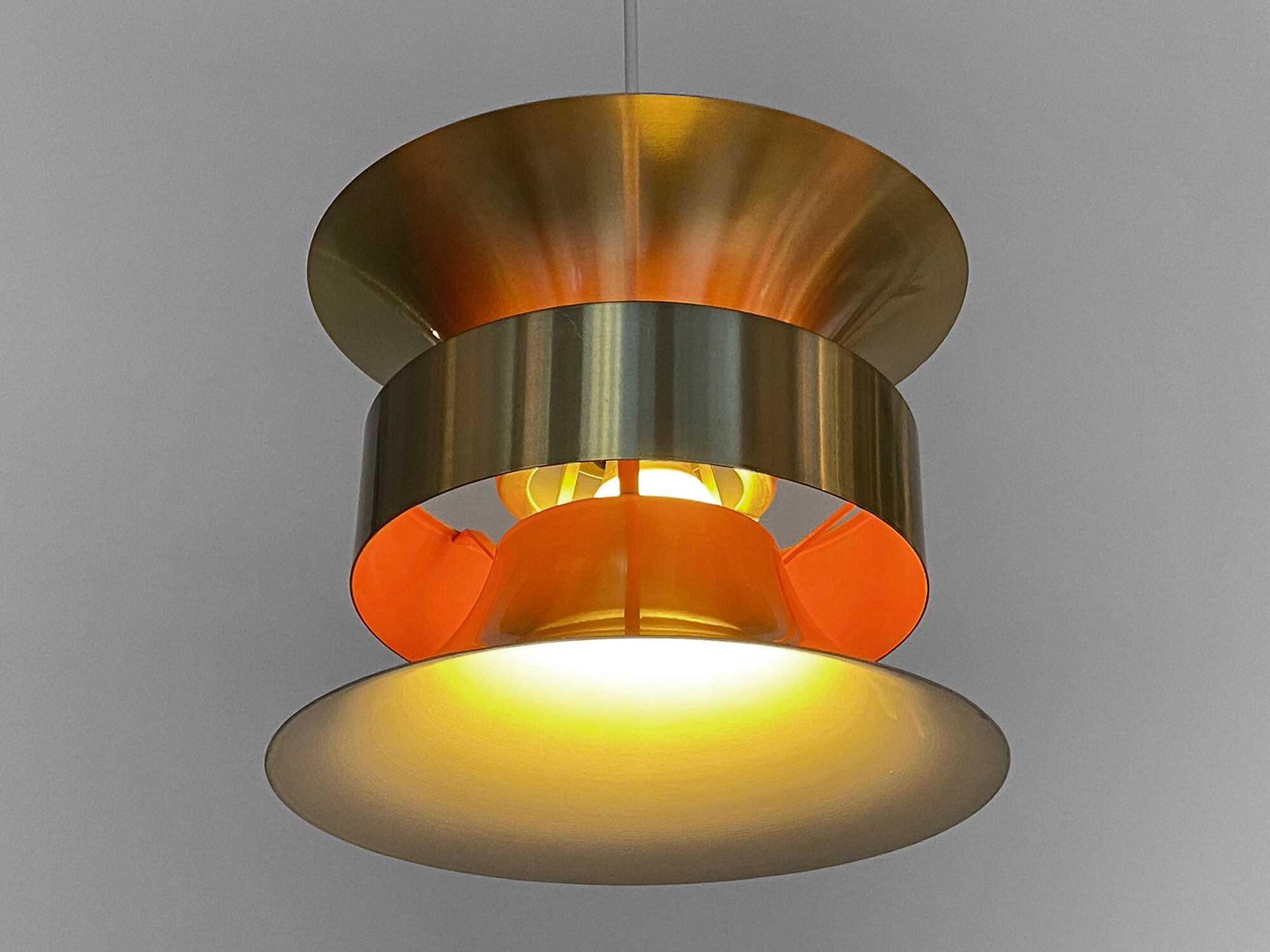 Pendant light in golden brushed aluminum by lyskaer belysning. denmark 1970s