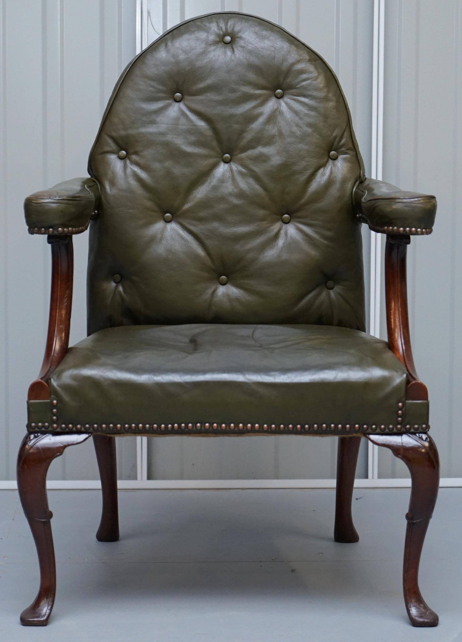 Georgian Gothic Revival Chesterfield armchair in leather, circa 1800.