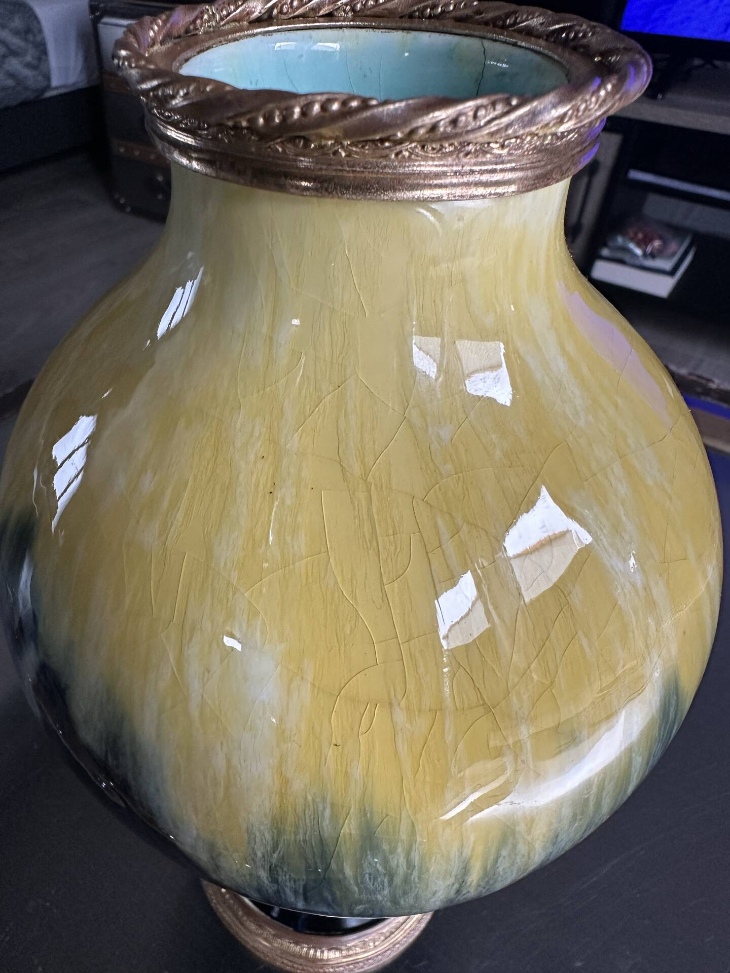 Art Deco vase in yellow and blue flamed earthenware - Shape 485, circa 1930