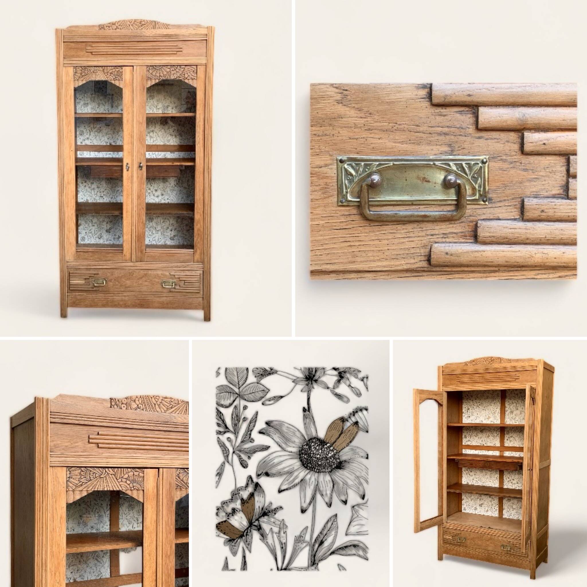 Parisian art deco glass cabinet in raw wood