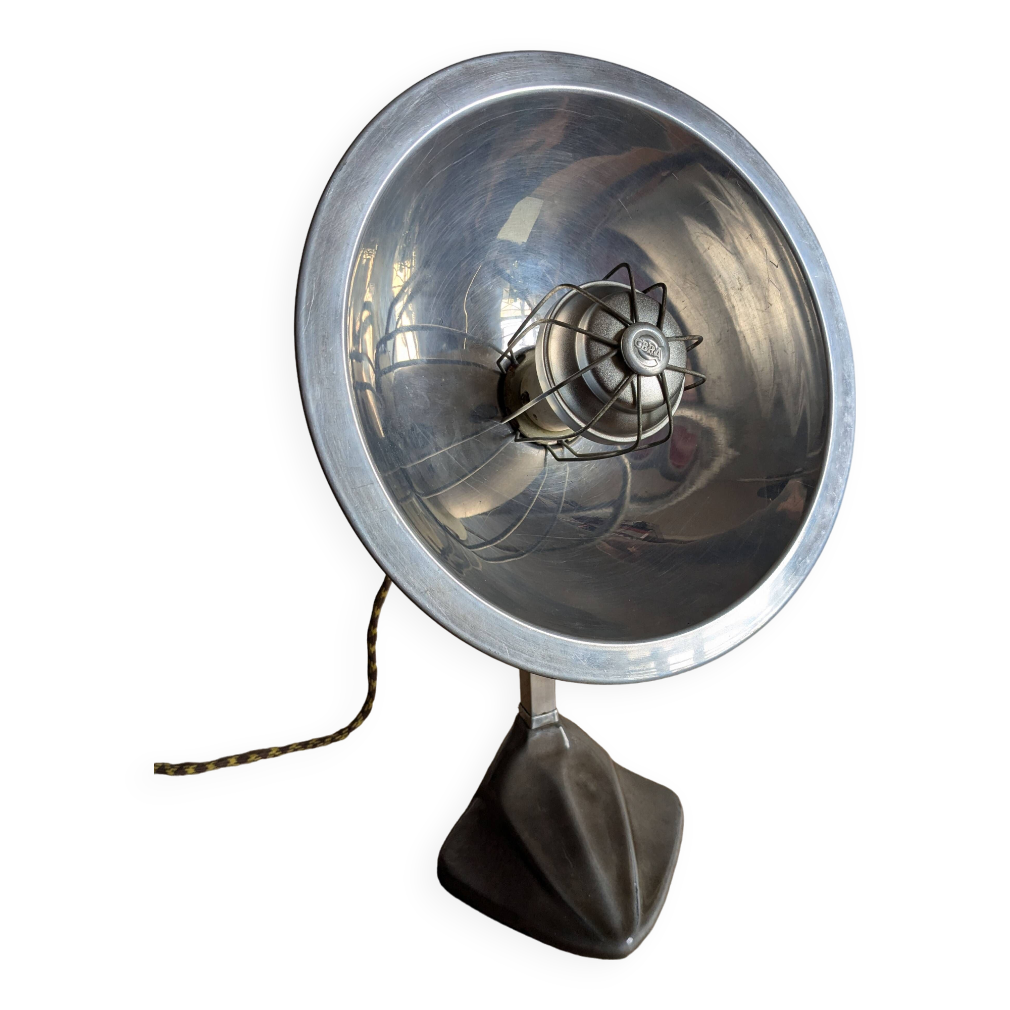Cobra parabolic lamp with enameled cast iron base, Art Nouveau.