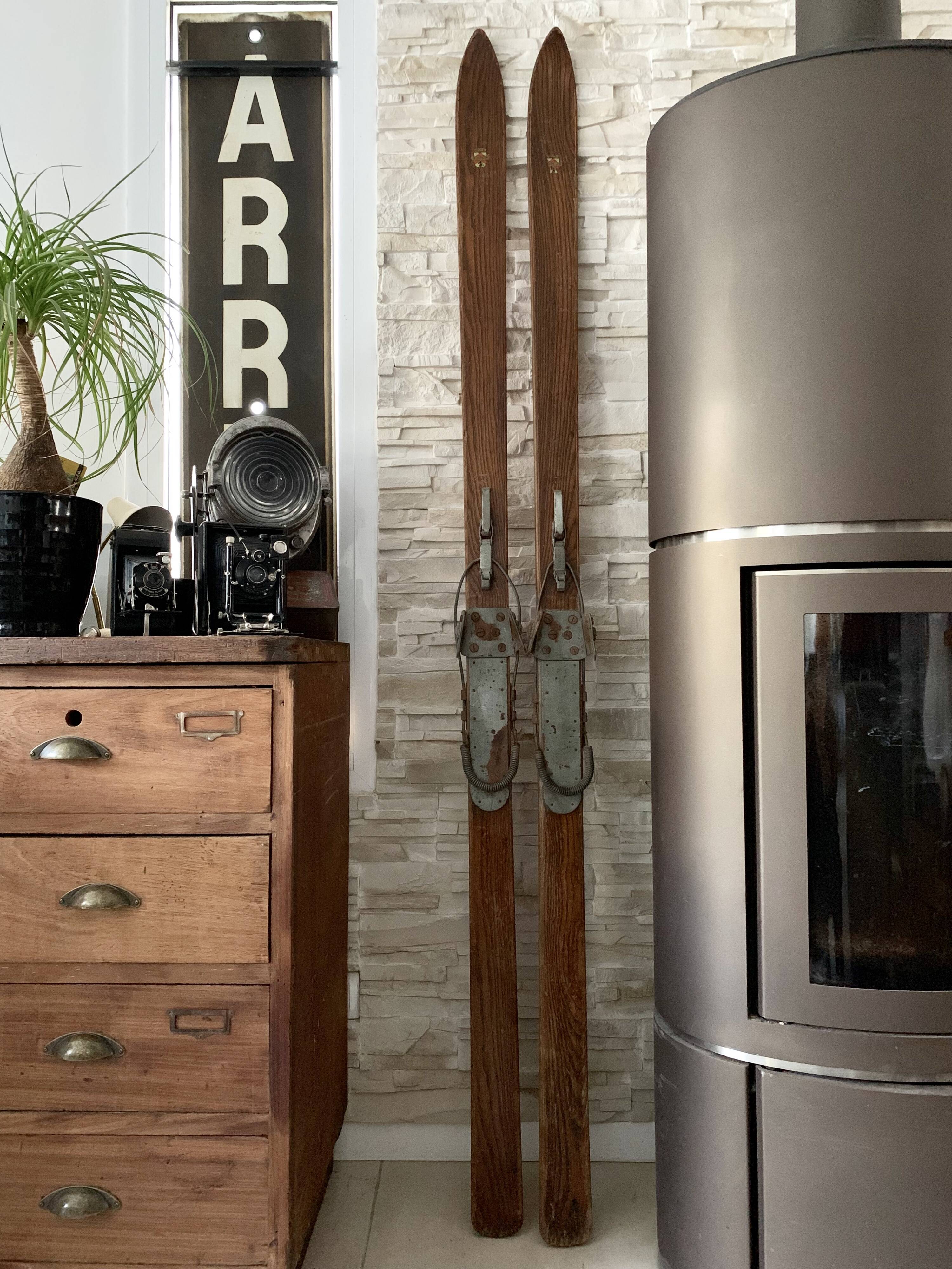 Pair of vintage wooden skis