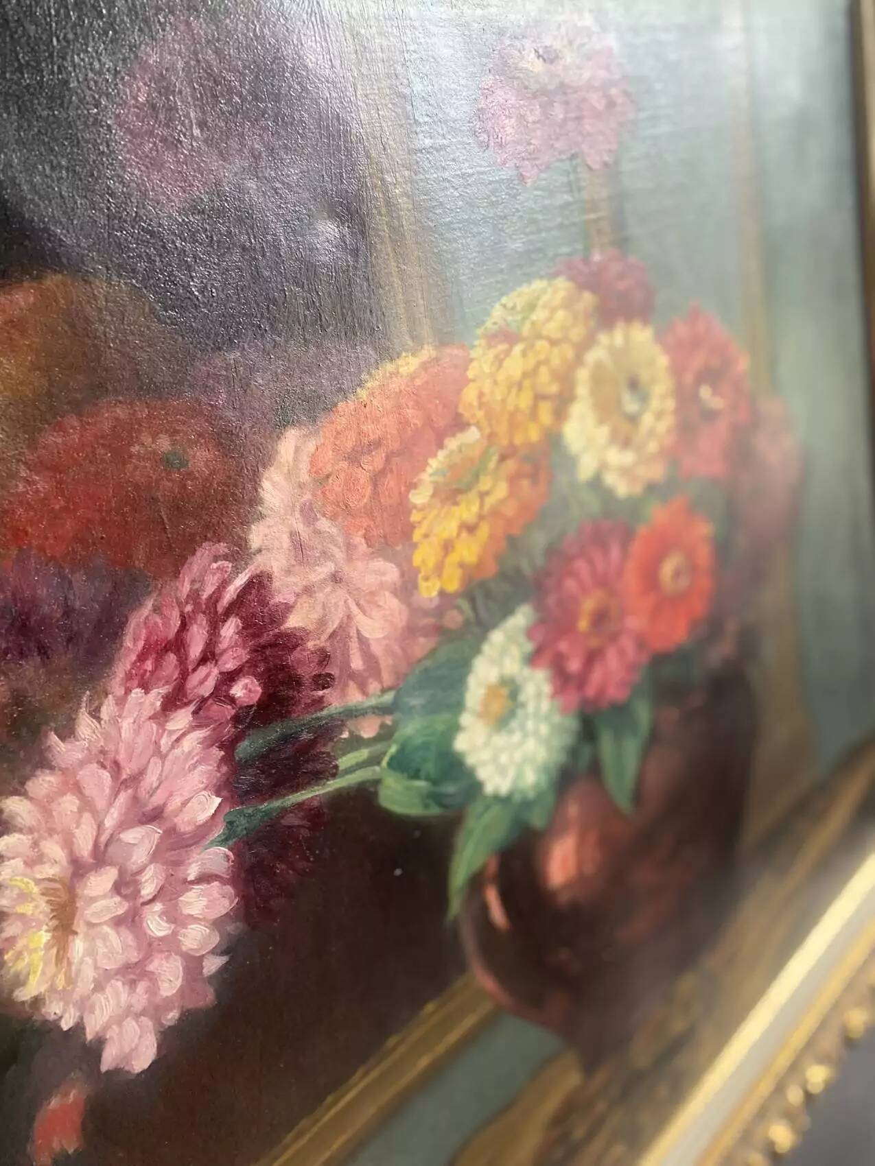 Old painting, oil on canvas "bouquet of dahlias" signed G. Müller, 20th Century School