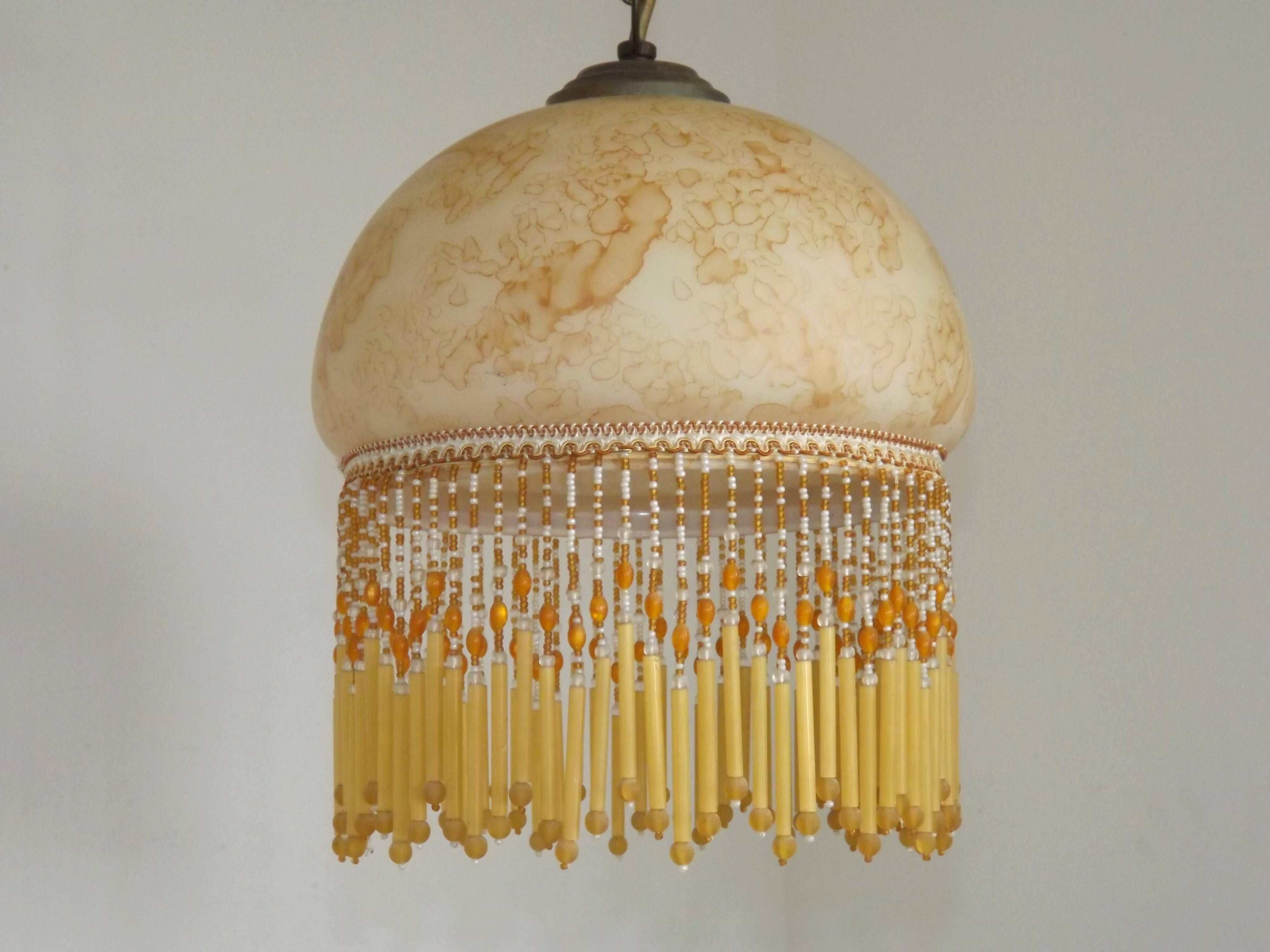 Mid Century Amber Mottled Glass Ceiling Light with Beaded Glass Fringe