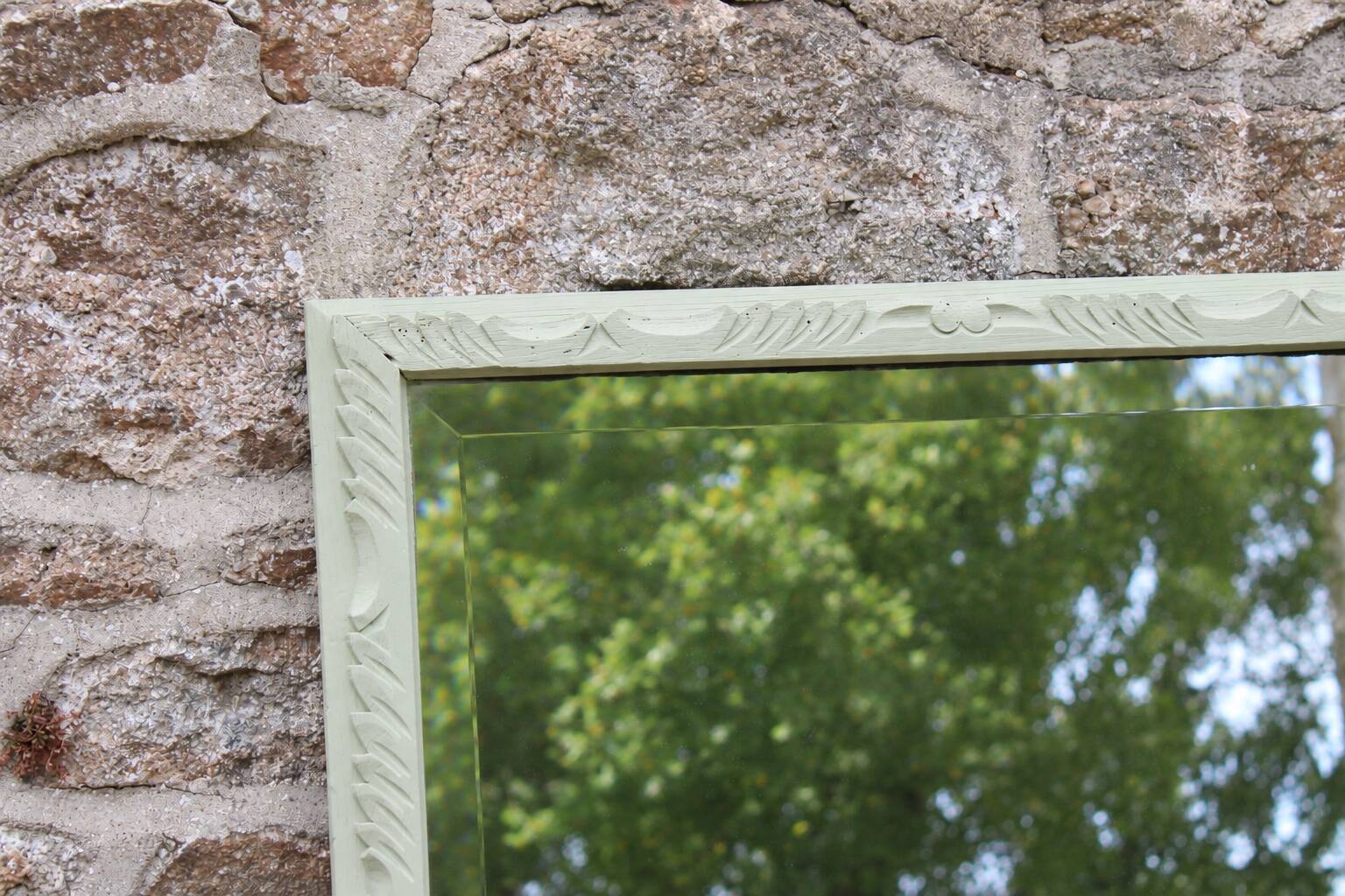 Large antique bevelled mirror in carved solid wood, green lizard – 129 × 75
