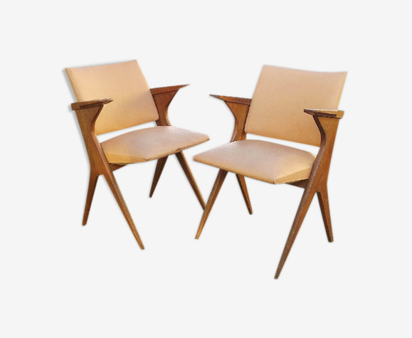 Fauteuils bridges vintage skaï et bois pieds compas