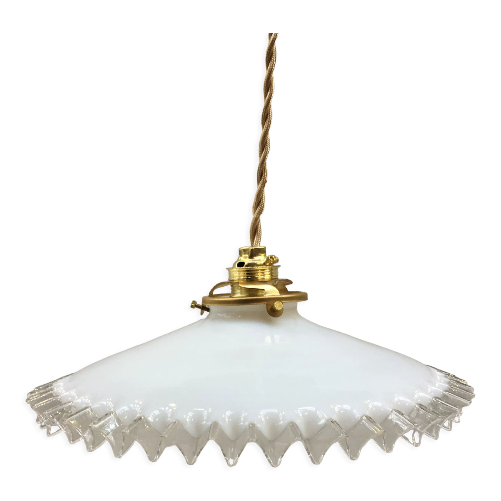 White opaline pendant lamp with transparent serrated edges