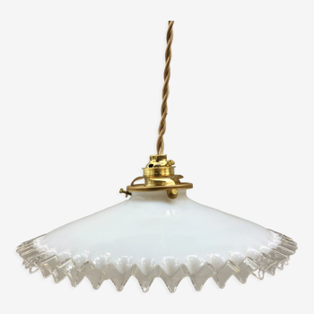 White opaline pendant lamp with transparent serrated edges