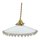 White opaline pendant lamp with transparent serrated edges