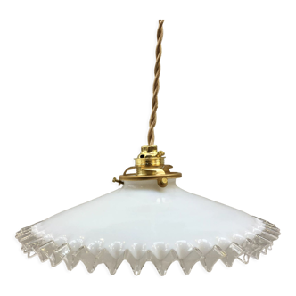 White opaline pendant lamp with transparent serrated edges