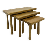 Set of nesting tables solid oak wood brutalist, 1970s