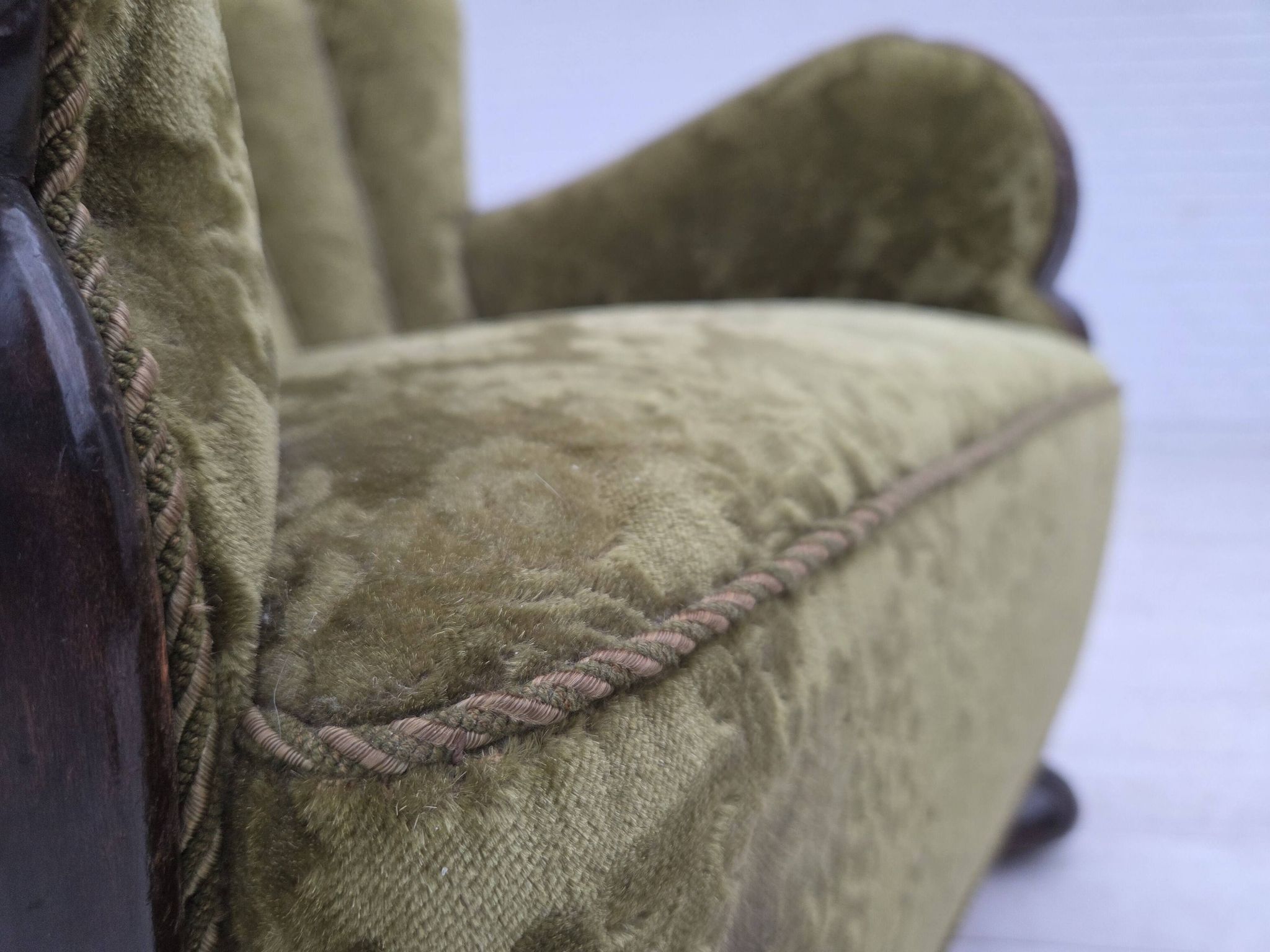 1950s, Danish relax chair, furniture velour, oak wood.
