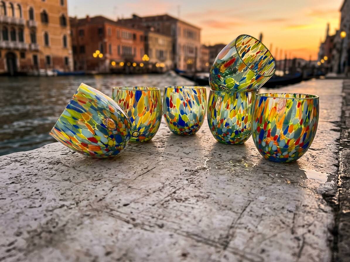 Set of 6 blown glass glasses with Murano murrine.